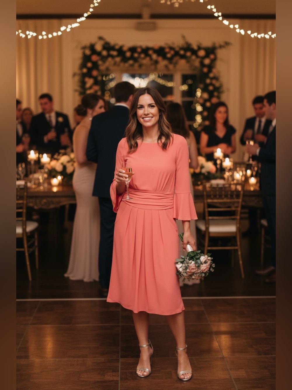 🍑 Eliza J Coral Dress Size 18 Ruched Waist 3/4 Sleeve Boat Neck Pockets